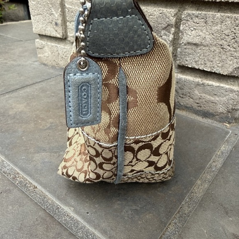 Vintage Brown Blue Coach Patchwork Logo Canvas Mini Handbag Suede Details Y2K - Picture 3 of 13